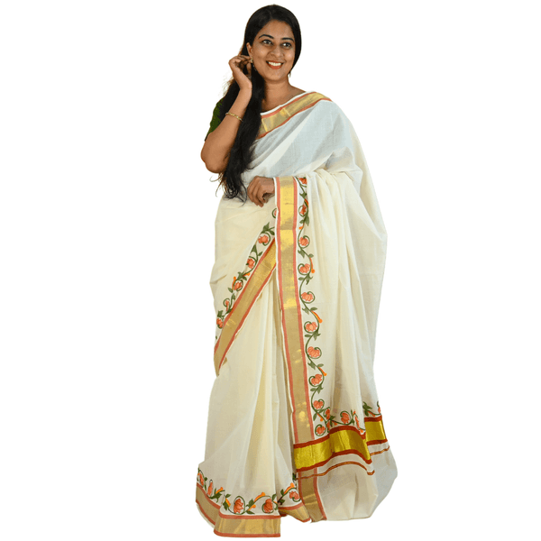 Kerala Cotton Kasavu Saree With Mural Painting - image 2