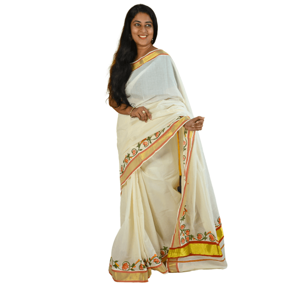 Kerala Cotton Kasavu Saree With Mural Painting thumbnail 3