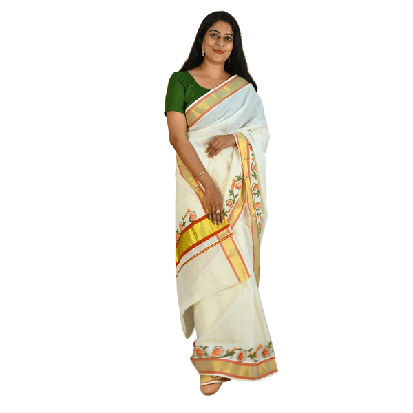 Kerala Cotton Kasavu Saree With Mural Painting thumbnail 4