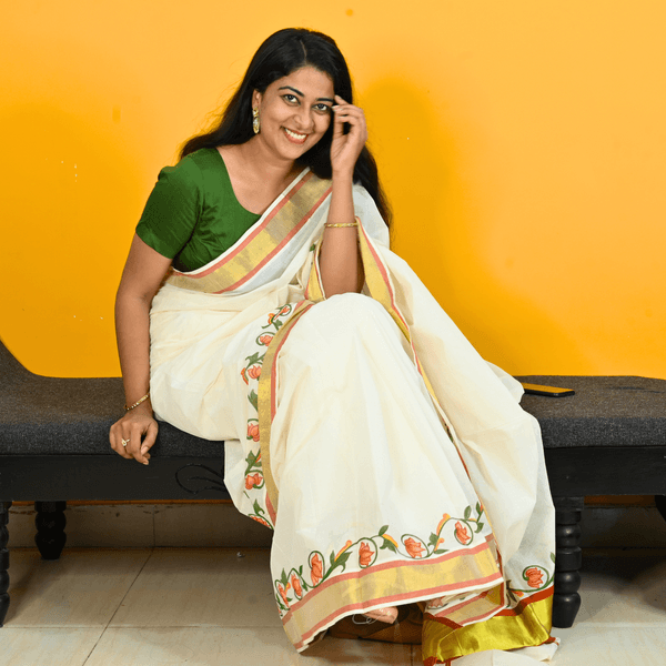 Kerala Cotton Kasavu Saree With Mural Painting thumbnail 5