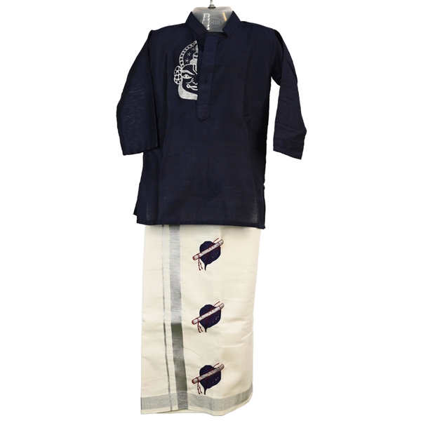 Boys Silver Kasavu Dhoti With Traditional Embroidery - image 1