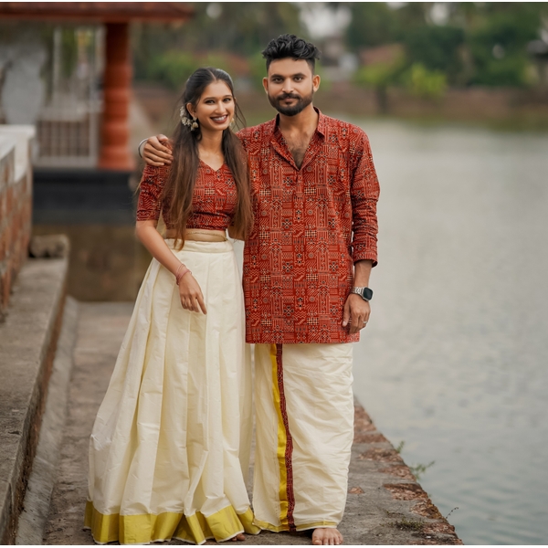 Men's Red Ajrakh Cotton Short Kurta With Kasavu Mundu
