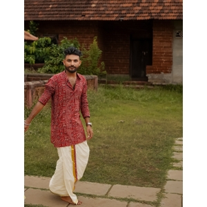 Men's Red Ajrakh Cotton Short Kurta With Kasavu Mundu