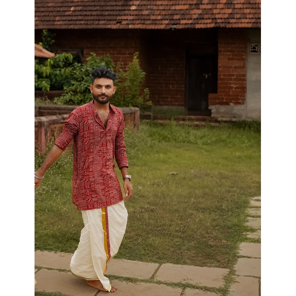 Men's Red Ajrakh Cotton Short Kurta With Kasavu Mundu - image 1