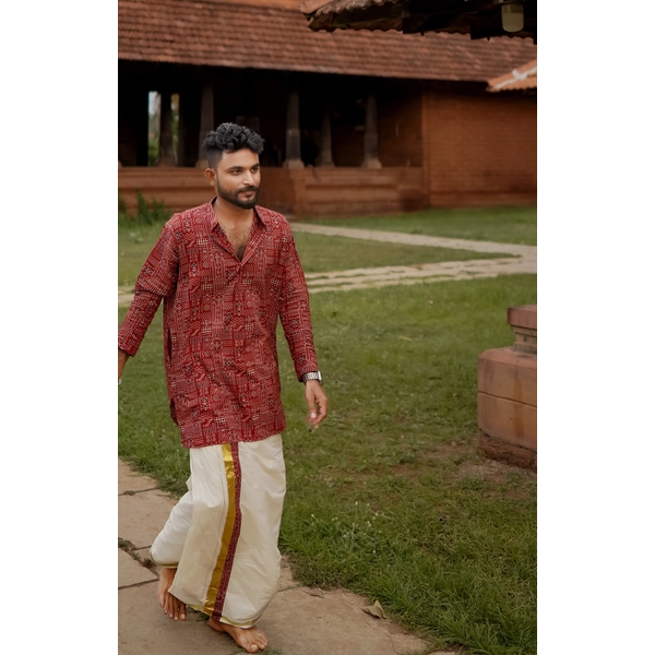 Men's Red Ajrakh Cotton Short Kurta With Kasavu Mundu - image 2