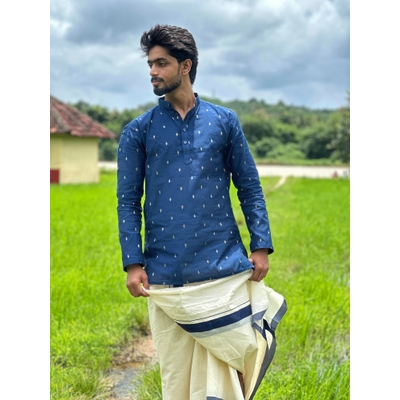 Navy Cotton Dobby Festive Kurta For Men Onam Collections