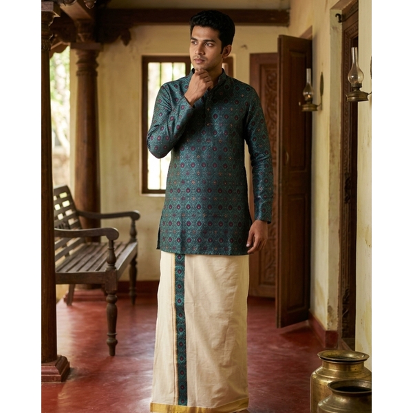Blue Jacquard Festive Kurta For Men