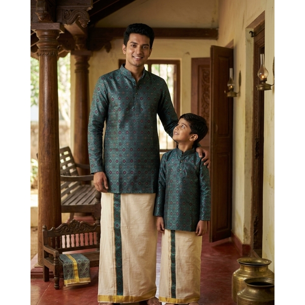 Blue Jacquard Festive Kurta For Men thumbnail 3