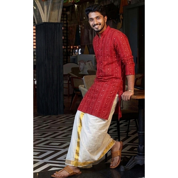 Regal Red Woven Stripe Long Kurta for Men