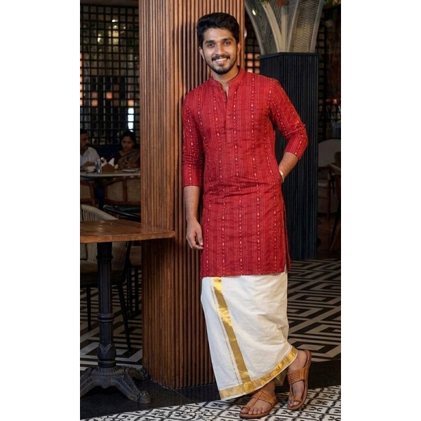 Regal Red Woven Stripe Long Kurta for Men - image 3