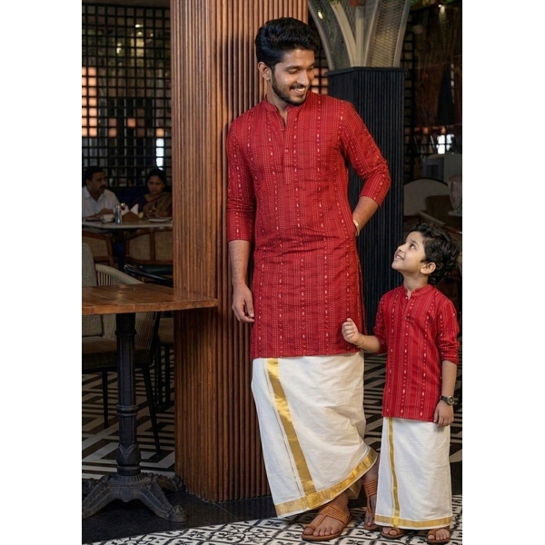 Regal Red Woven Stripe Long Kurta for Men