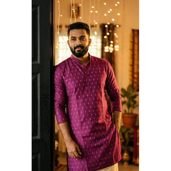 Royal Plum Gold Motif Mens Kurta