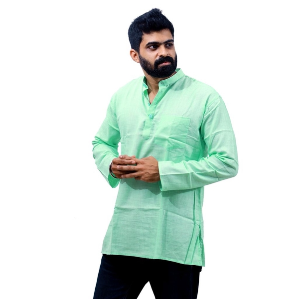 Men's Pista Green Cotton Color Kurta thumbnail 1