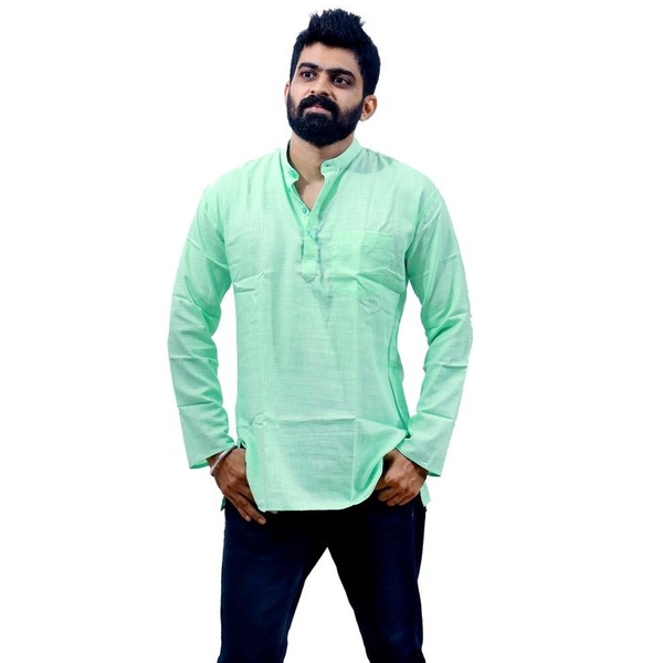 Men's Pista Green Cotton Color Kurta thumbnail 2