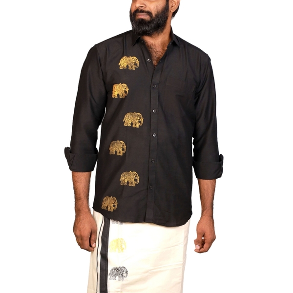 Golden Elephant Block Printed Black Shirt - image 1