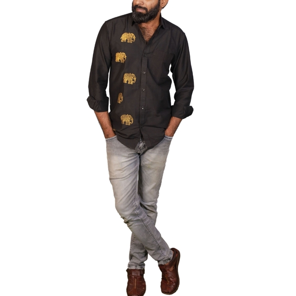 Golden Elephant Block Printed Black Shirt - image 2