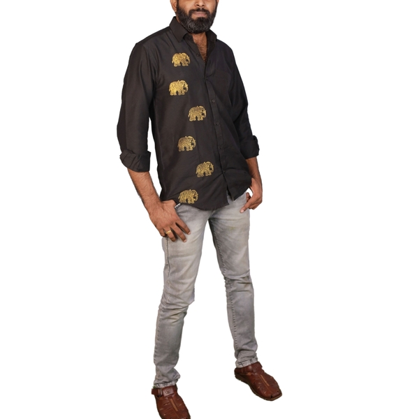 Golden Elephant Block Printed Black Shirt thumbnail 3