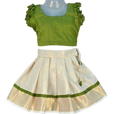 Green Silk Top With Kasavu Striped Skirt For Baby Girl [Ready To Ship: 6182] main image 1