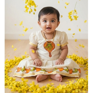 Avani Palaka Krishna Mural Kasavu Skirt Set for Infants