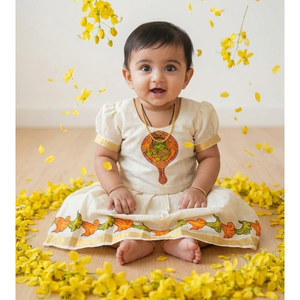 Avani Palaka Krishna Mural Kasavu Skirt Set for Infants thumbnail 1