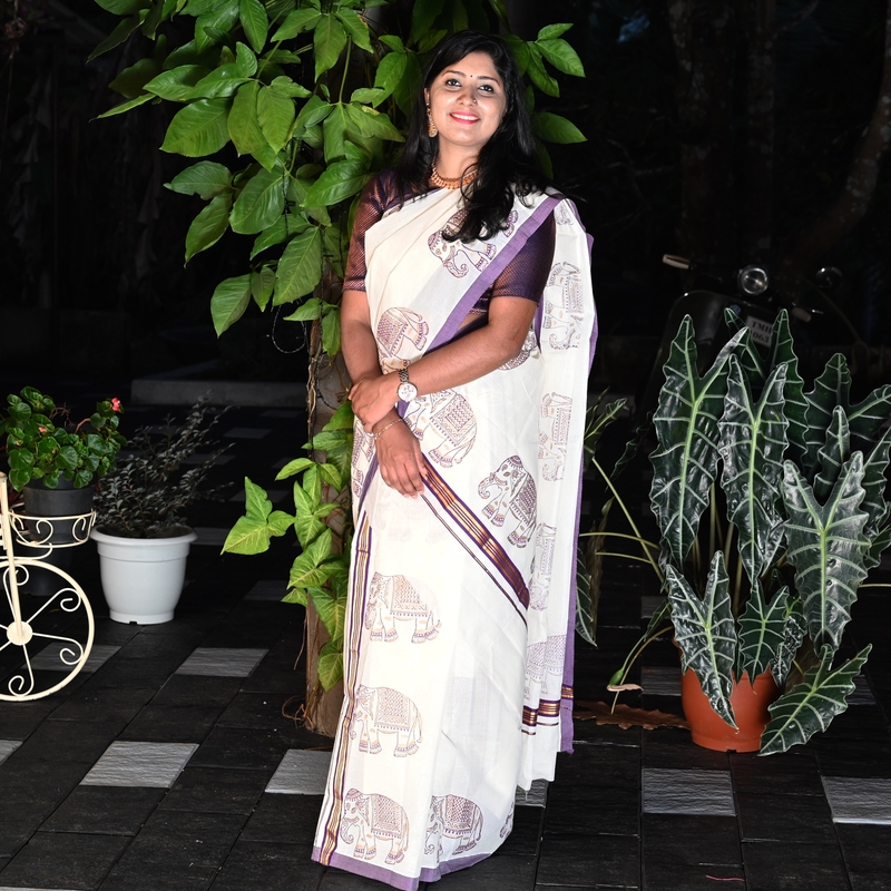 Hand Block Printed Set Mundu With Elephant Motifs