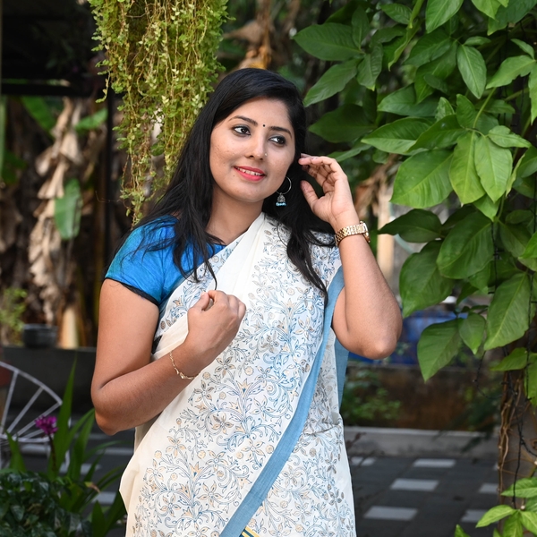 Hand Block Printed Kerala Kasavu Set Mundu - image 1