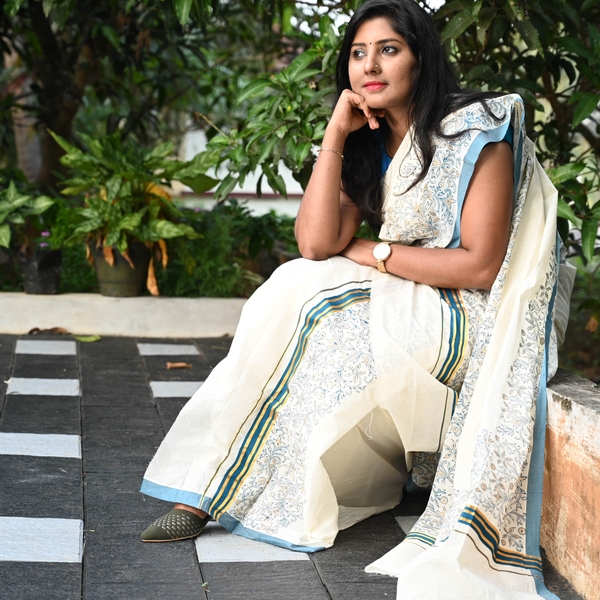 Hand Block Printed Kerala Kasavu Set Mundu - image 4