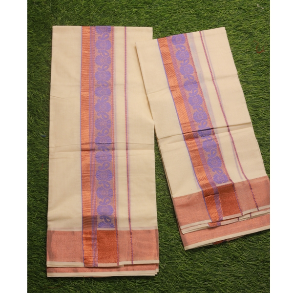 Onam Special Cotton Set Mundu With Woven Copper Kara thumbnail 2