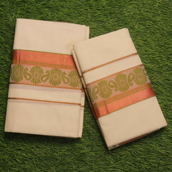 Onam Special Cotton Set Mundu With Woven Copper Kara thumbnail 1