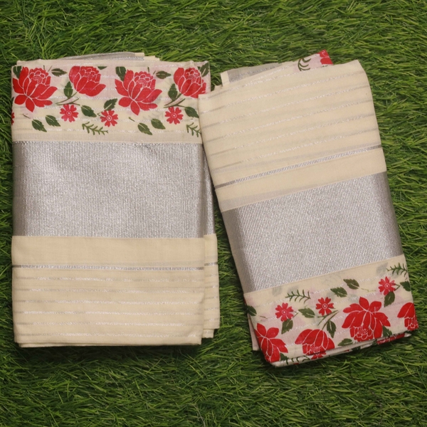 Onam Special Set Mundu with Lotus Print thumbnail 1