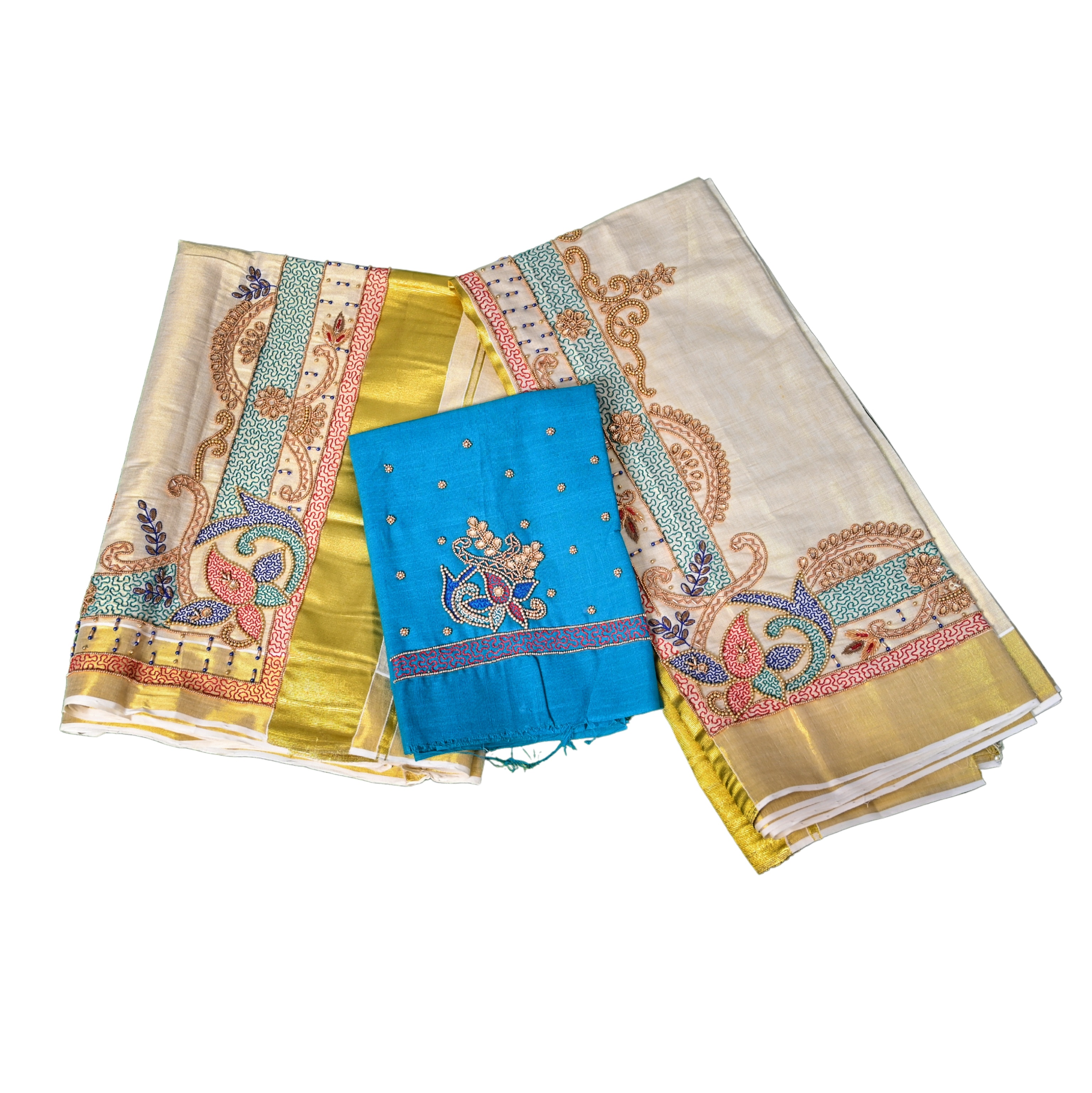 Tissue Set Mundu With Floral Embroidery