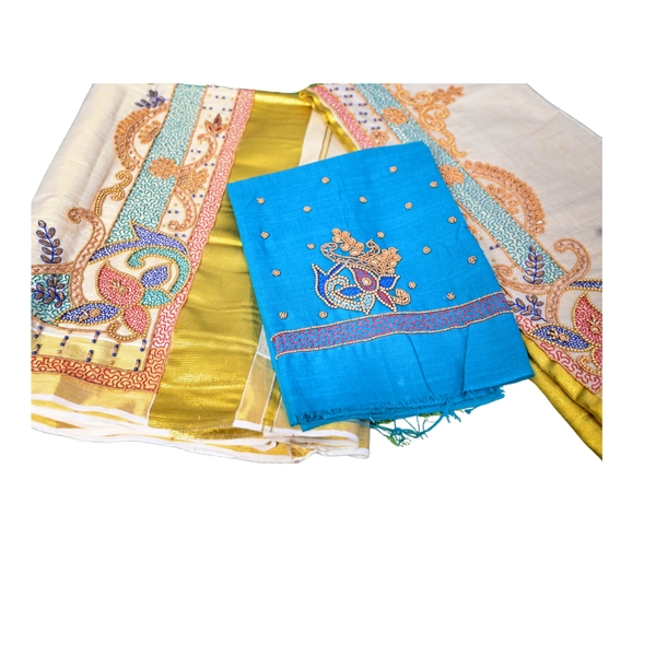 Tissue Set Mundu With Floral Embroidery - image 3