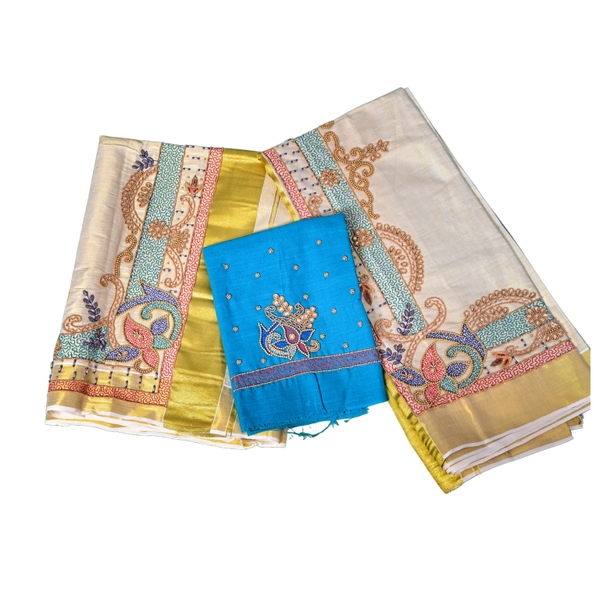 Tissue Set Mundu With Floral Embroidery - image 2