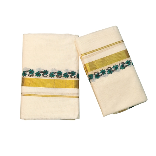 Cotton Kasavu Set Mundu With Floral Borders - image 1