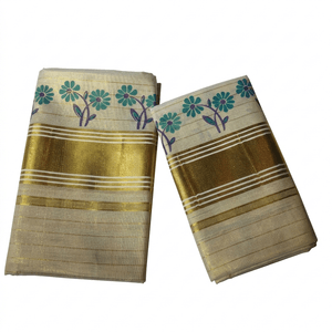 Blockprinted floral motifs Kasavu Set Mundu