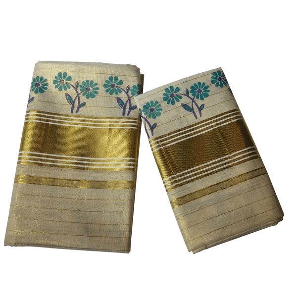 Blockprinted floral motifs Kasavu Set Mundu - image 1