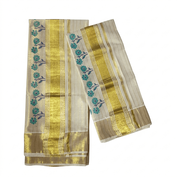Blockprinted floral motifs Kasavu Set Mundu - image 2