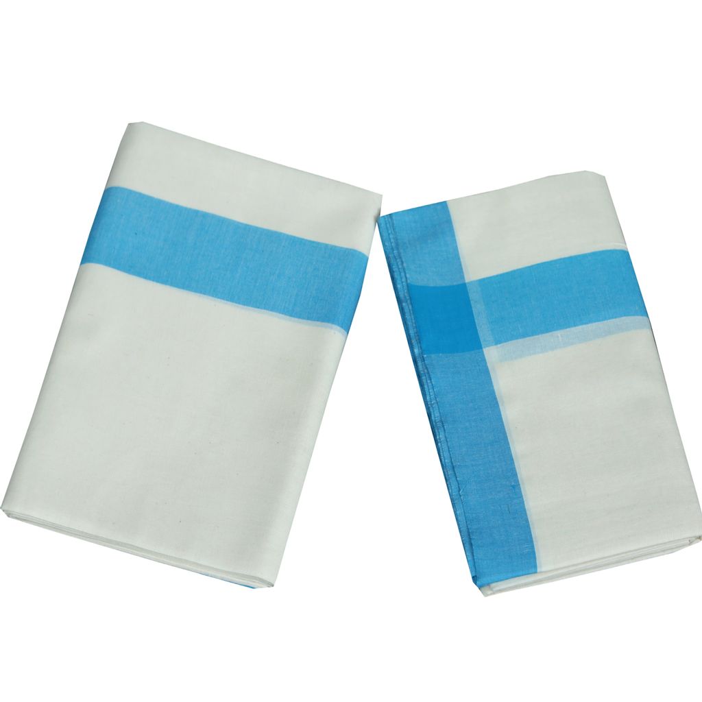 Mulloth Thick Sky Blue Kara Set Mundu