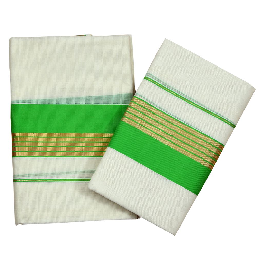 Light Green Kara Cotton Set Mundu With Golden Stripes