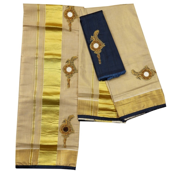 Traditional Setmundu With Beads Work And Dark Blue Piping - image 2