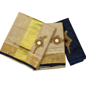 Traditional Setmundu With Beads Work And Dark Blue Piping