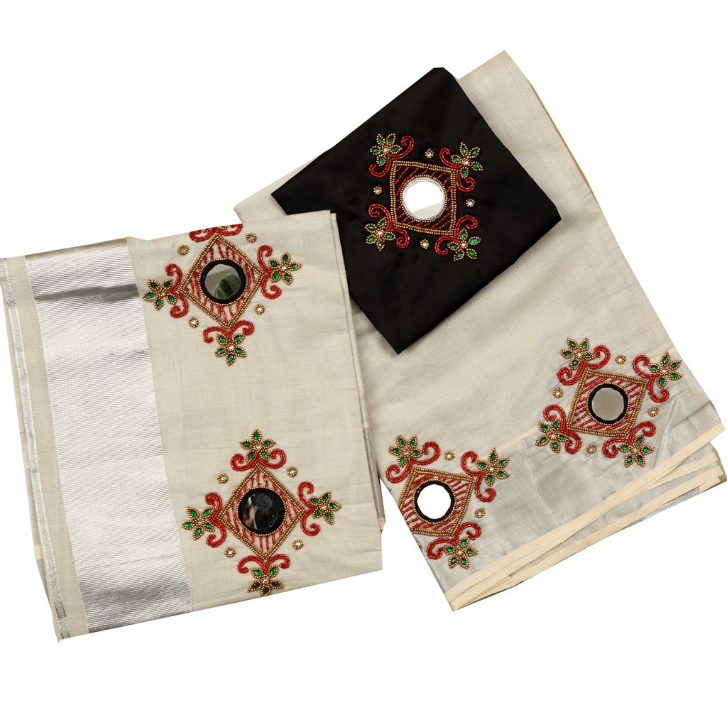 Silver Tissue Setmundu With Beads And Mirror Embroidery