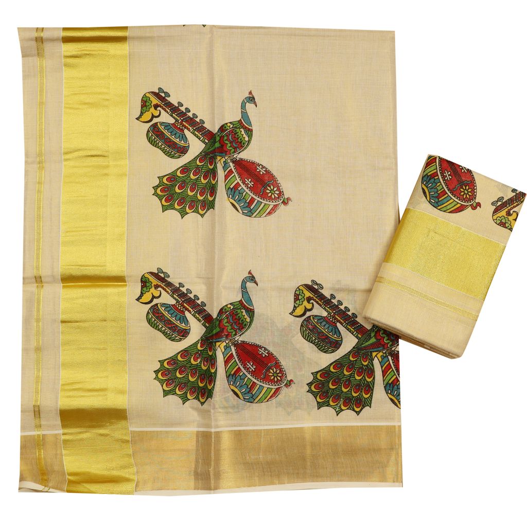 Mural Set Mundu With Peacock And Veena Print