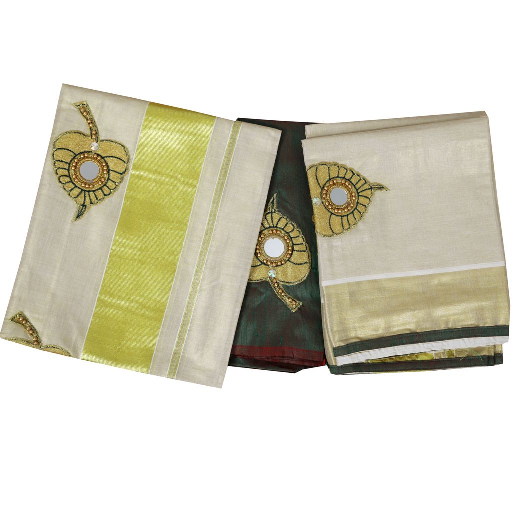 Green Aalila Embroidery Setmundu With Mirror Work