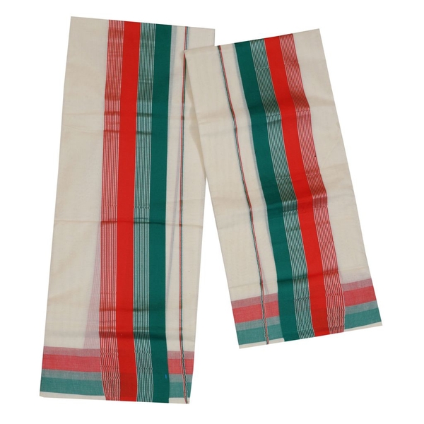 Traditional Set Mundu With Red And Cyan Kara thumbnail 2
