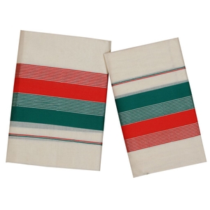 Traditional Set Mundu With Red And Cyan Kara