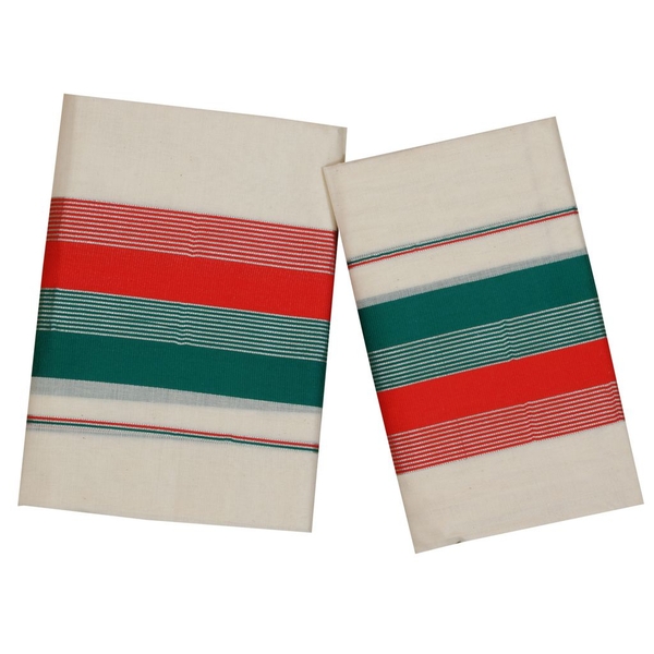 Traditional Set Mundu With Red And Cyan Kara thumbnail 1