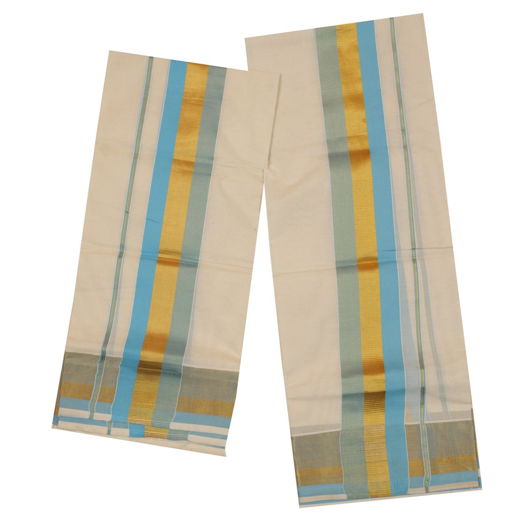 Traditional Set Mundu With Sky Blue And Golden Design