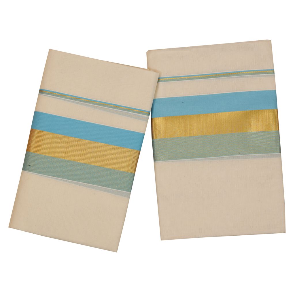 Traditional Set Mundu With Sky Blue And Golden Design