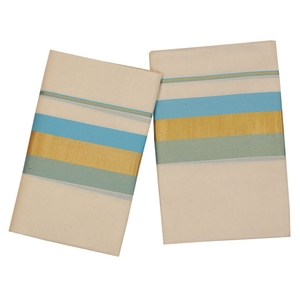 Traditional Set Mundu With Sky Blue And Golden Design